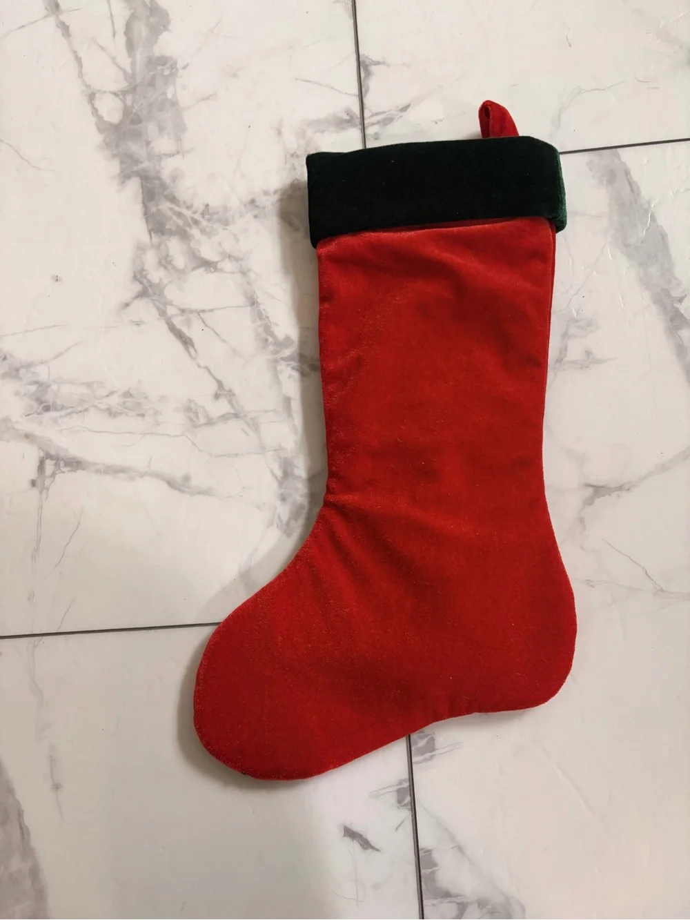 Amazon Red Plush Cat Stocking with Green Cuff and White Paw Embroidery